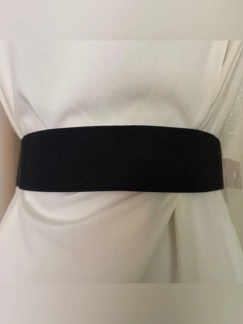 Black wide PU leather elastic waistband belt with gold tone buckle